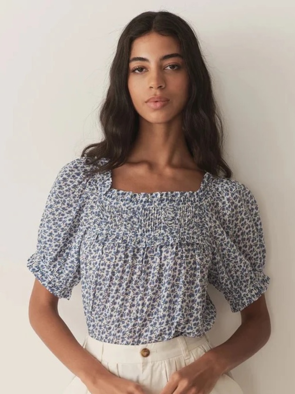 Doen Frances Cotton Ruffle Short Puff Sleeve Top Cornflower Hillside Bloom Blue